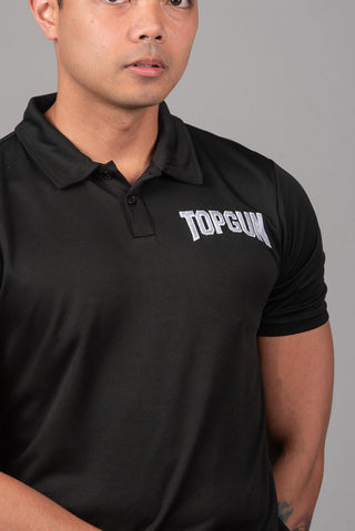 Closeup of black TopGun polo shirt