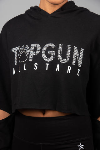 Closeup of black TopGun hoodie logo