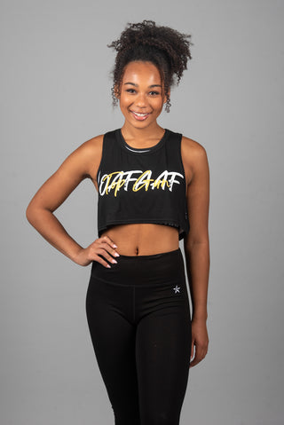 Front image of black TopGun crop tank